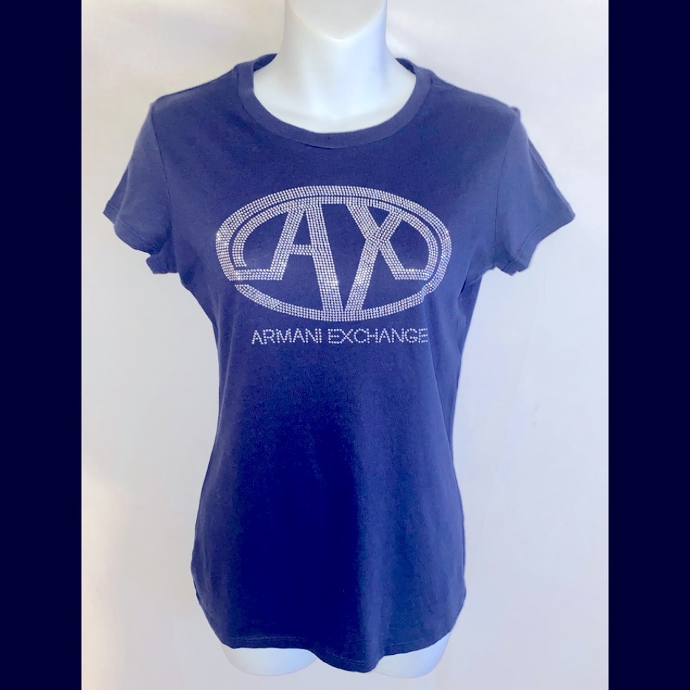 Armani Exchange Navy Blue Bejeweled Graphic Short Sleeve Shirt